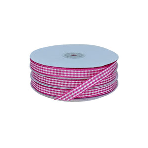 Cinta decorativa fucsia y blanca con diseño escocés, perfecta para mayoristas con visión creativa.