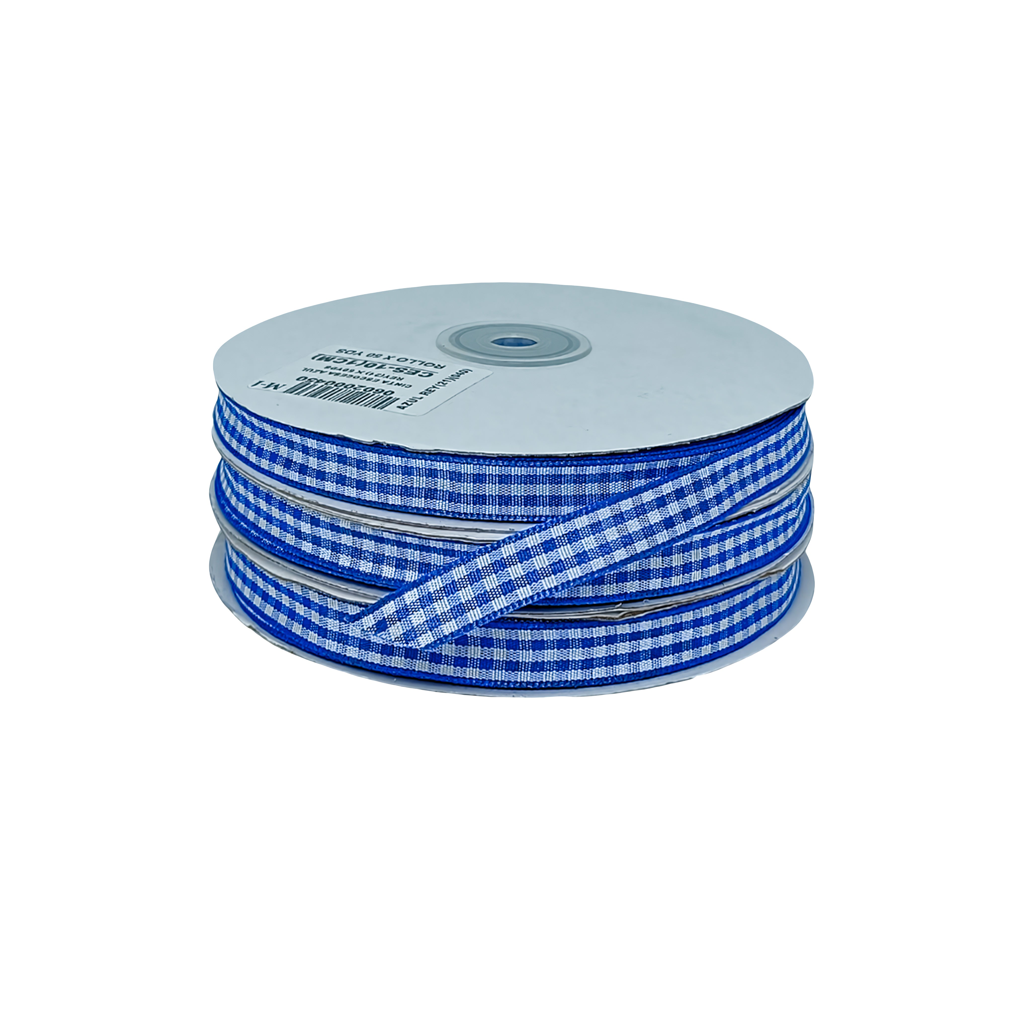 Cinta vichy a cuadros azul rey, rollo compacto, ideal para empaques mayoristas y proyectos artesanales.