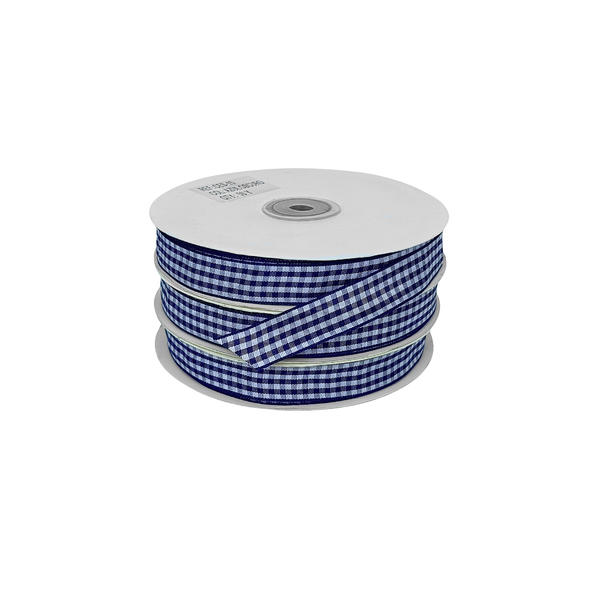 Rollo de cinta escocesa azul oscuro y blanca, ideal para confección, manualidades y distribución.