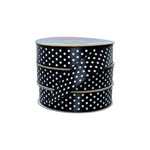 Cinta negra con puntos blancos, elegante combinación visual en rollos listos para producción.