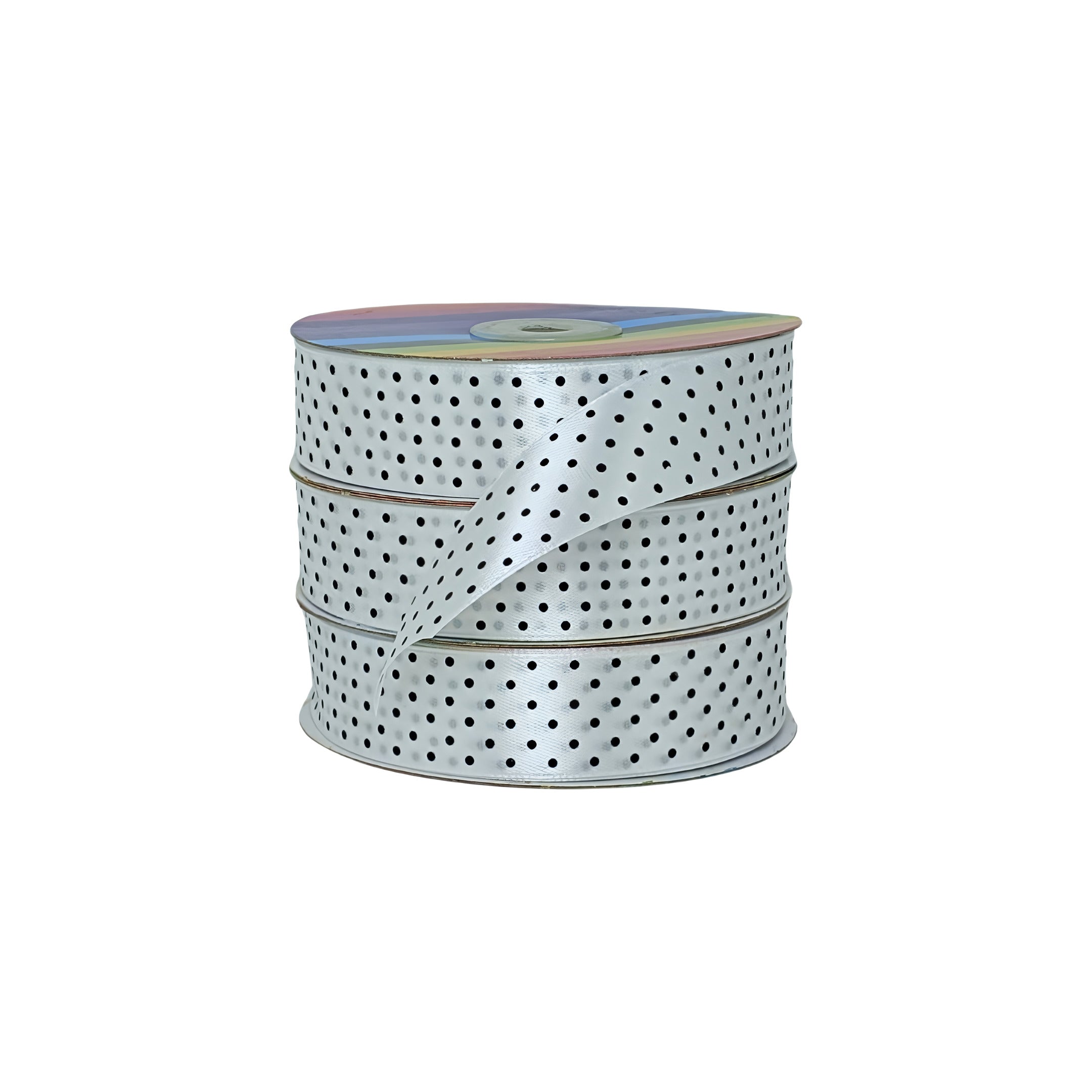 Elegante rollo de cinta satinada blanca con puntos negros, ideal para decoración, artesanía y producción.