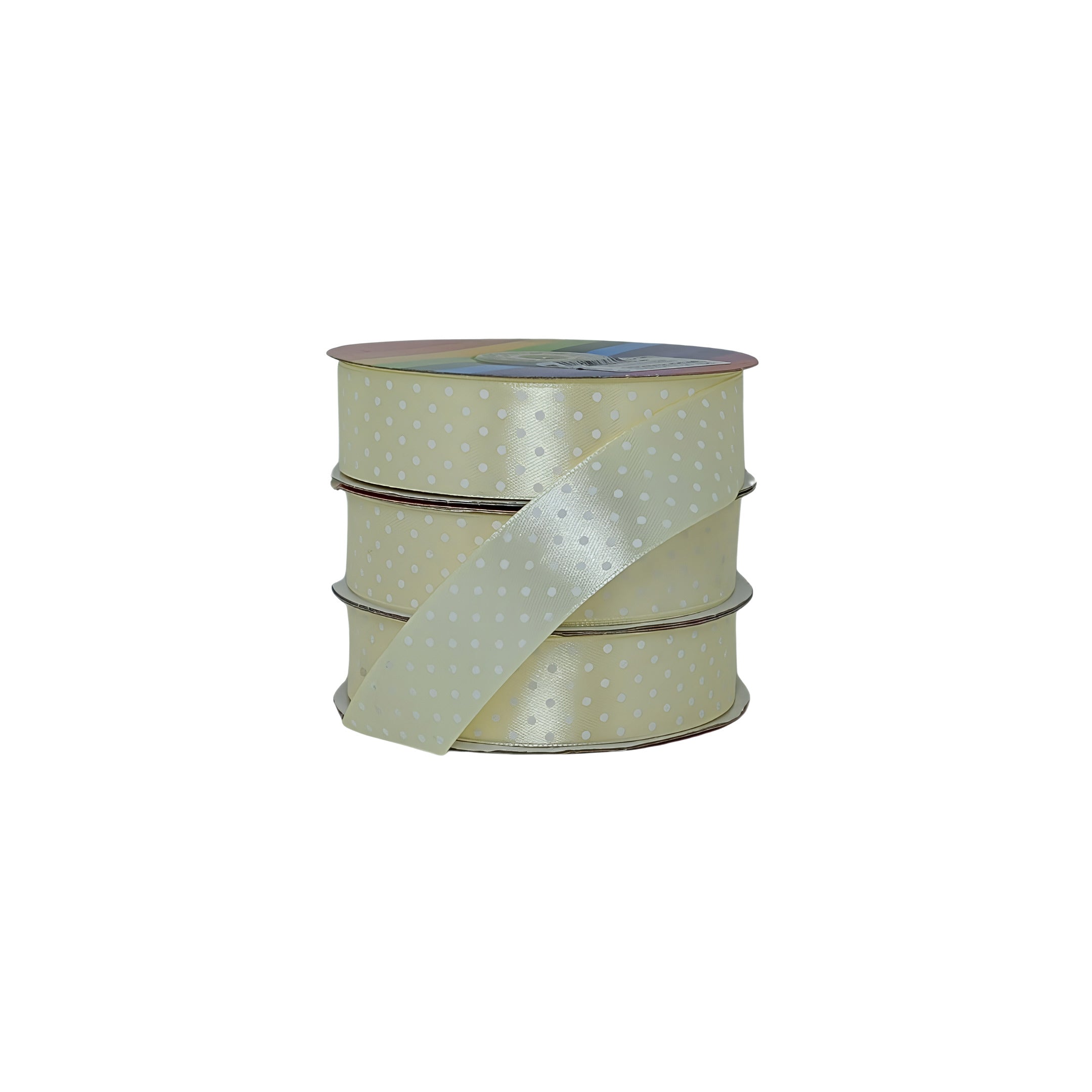 Cinta de raso color beige con puntos blancos vibrantes, ideal para decoración y proyectos creativos
