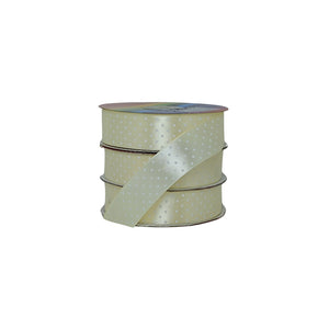 Cinta de raso color beige con puntos blancos vibrantes, ideal para decoración y proyectos creativos