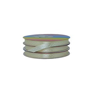 Rollo de cinta satinada beige con puntos blancos, ideal para decoracion y regalos , venta mayorista a distribuidores.