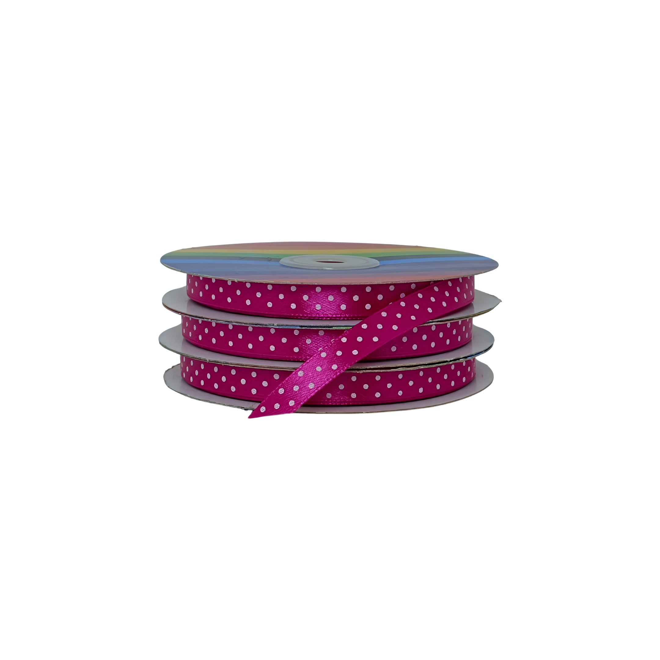 Cintas de raso fucsia con puntos blancos, ideal para embellecer embalajes o productos a granel.