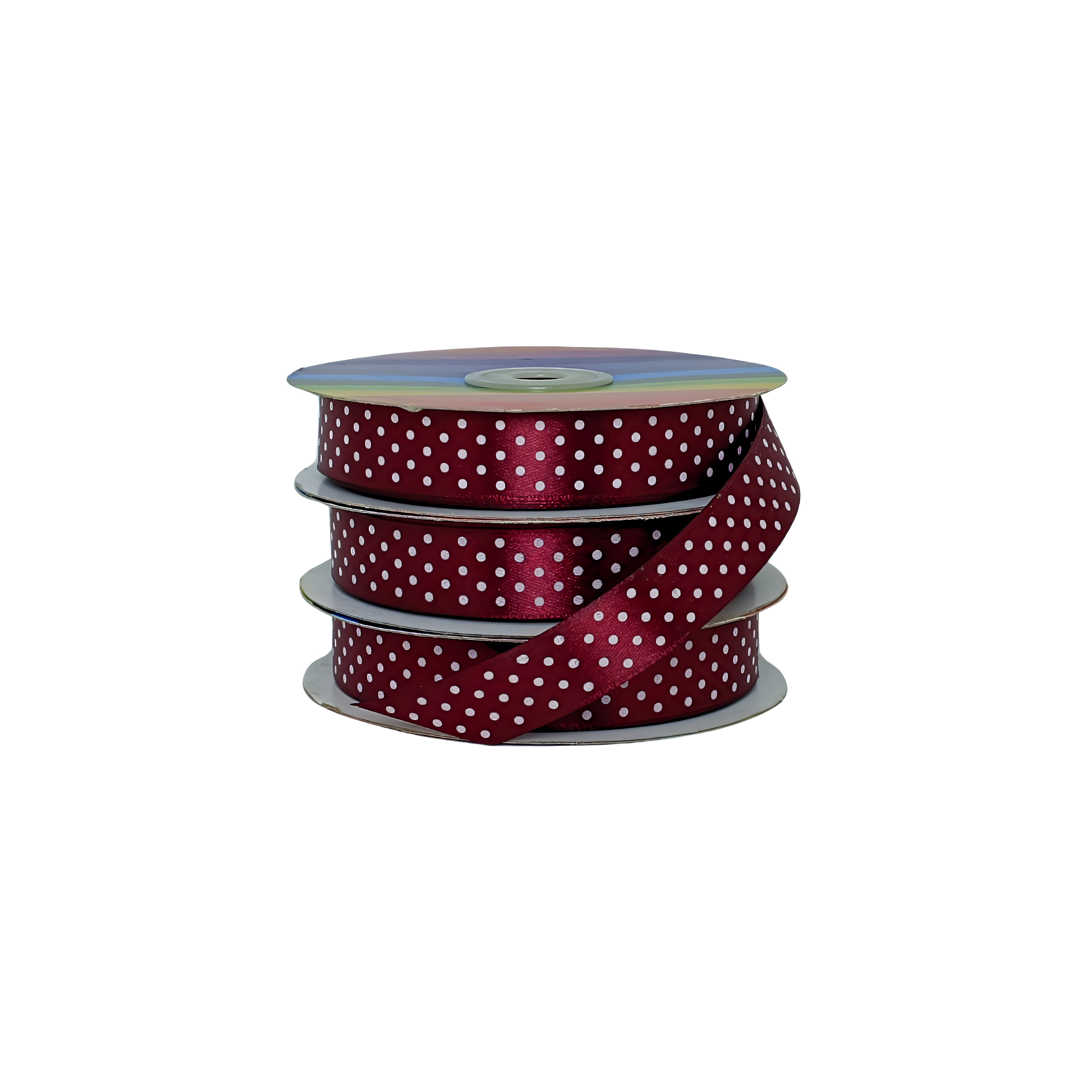 Cinta satín vinotinto con puntos blancos, ideal para productores y distribuidores exigentes.