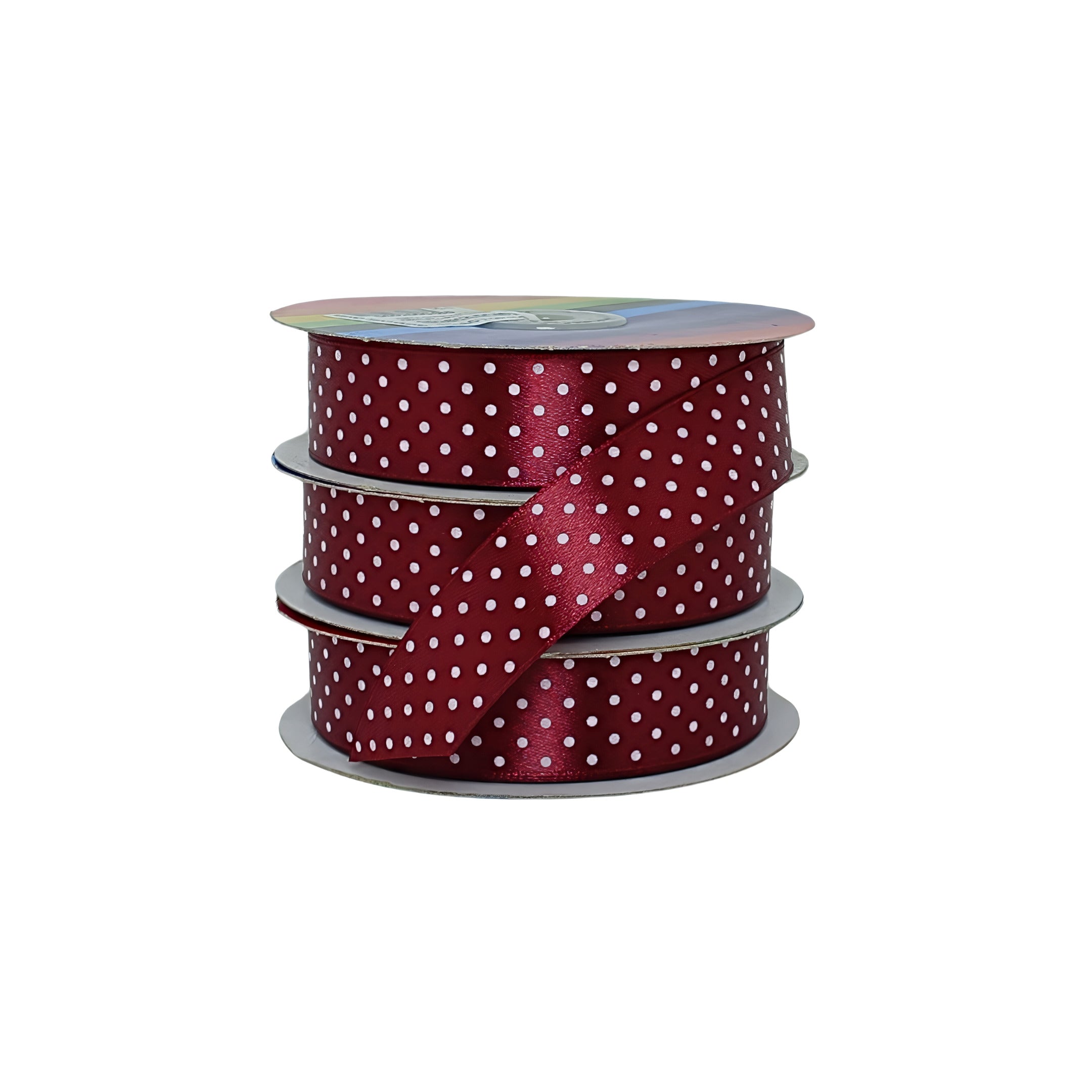 Elegante cinta satinada vinotinto con puntos blancos, ideal para productores y distribuidores creativos.