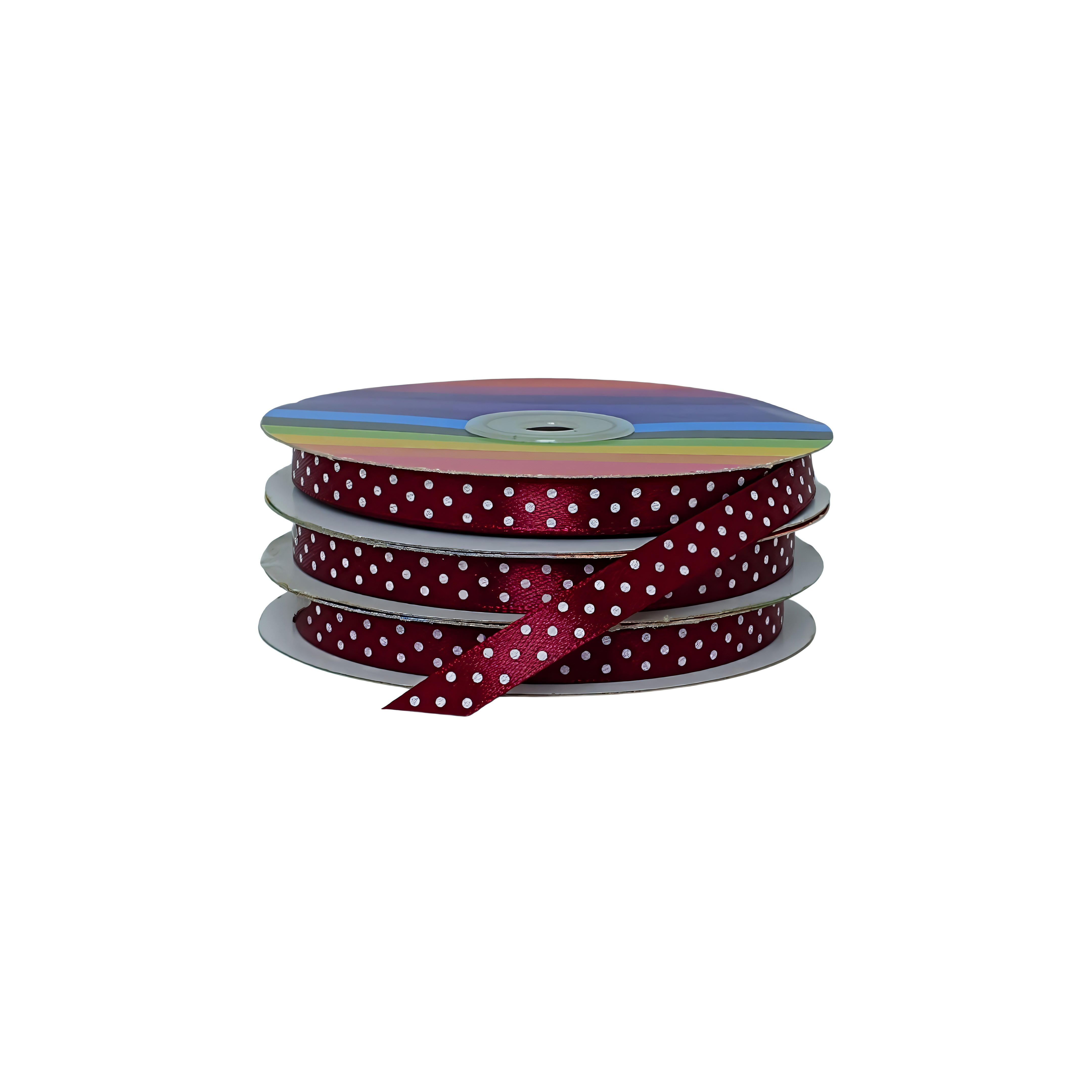 Rollos de cinta vinotinto satín con puntos blancos, toque elegante para empaques y decoración al por mayor
