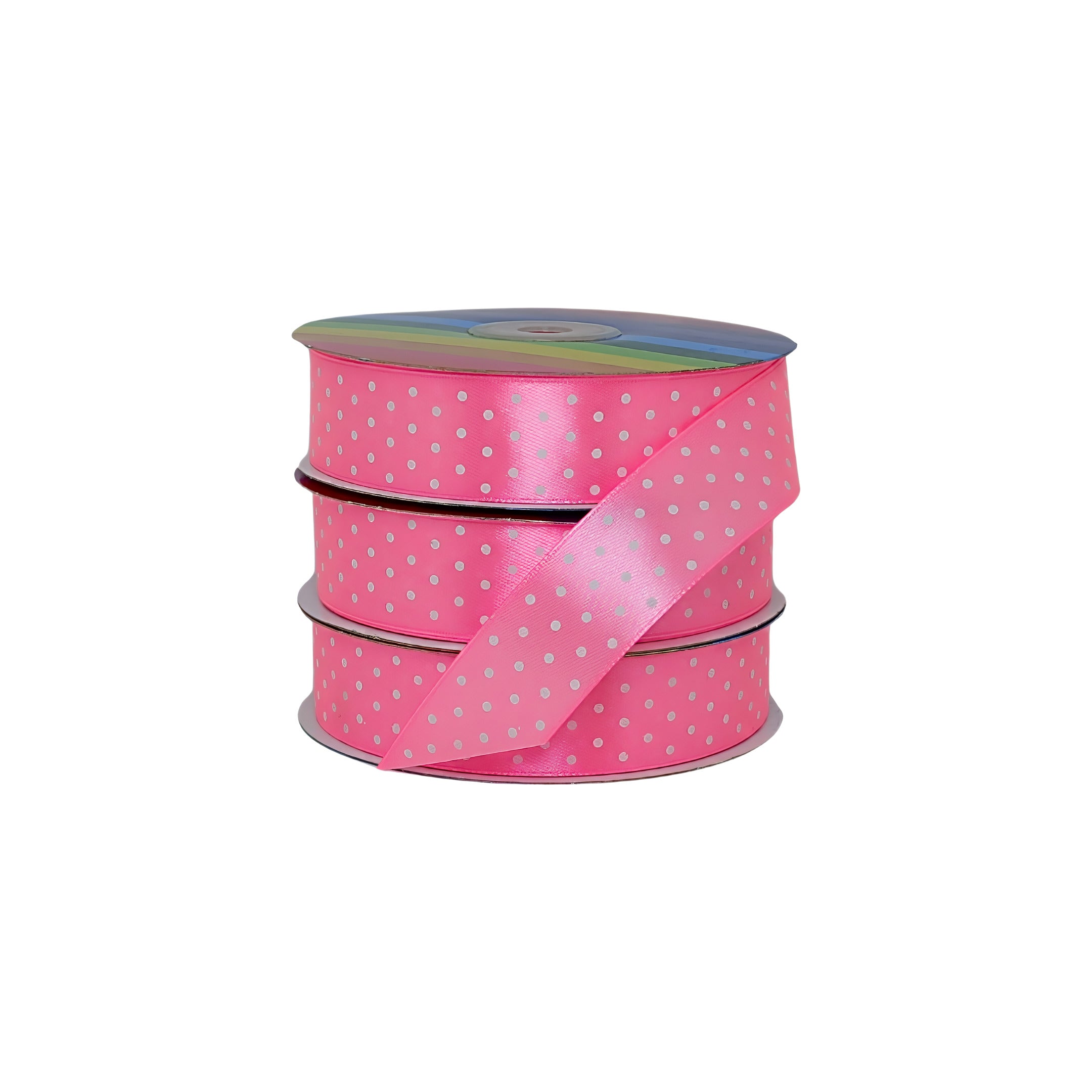 Cinta satinada rosado confite con puntos blancos, elegante y versátil para resaltar productos o presentaciones al por mayor.