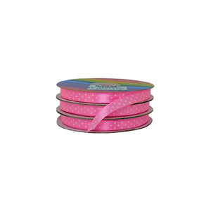 Cintas satinada color rosado confite con puntos blancos, acabados delicados desde empaques hasta decoración al por mayor.