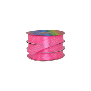 Cinta satín rosado confite con elegantes puntos blancos, ideal para decoración, manualidades o presentaciones de venta.
