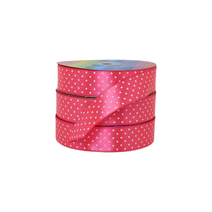 Cinta satín coral con elegantes puntos blancos, ideal para productores mayoristas creativos y exigentes.
