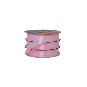 Cinta satinada rosado con puntos blancos, ideal para mayoristas, distribuidores y productores textiles.