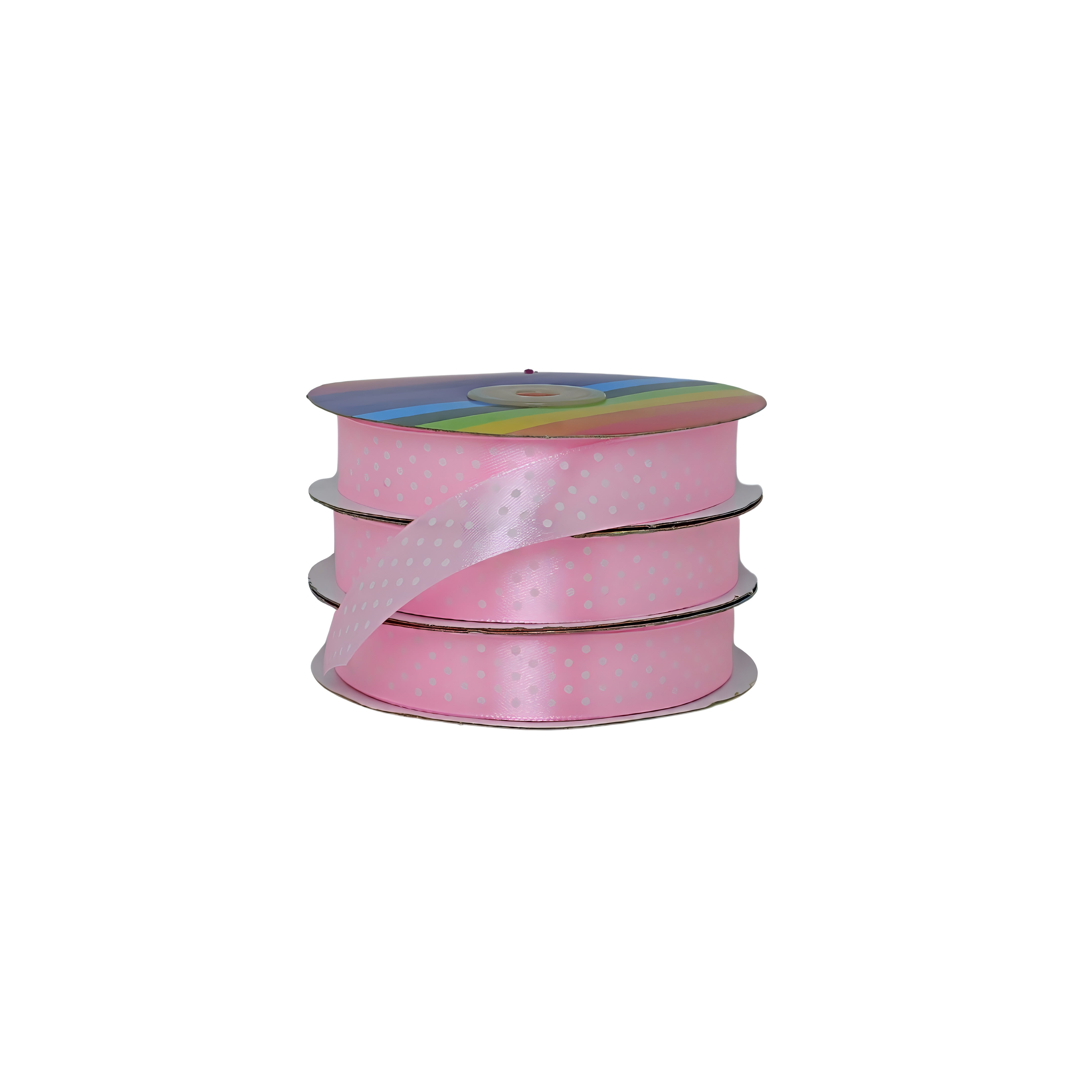 Cinta satinada rosado con puntos blancos, ideal para mayoristas, distribuidores y productores textiles.