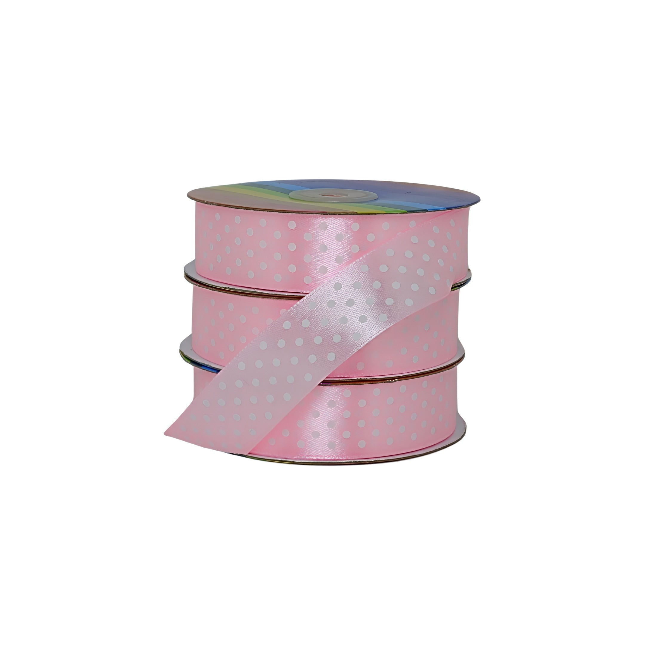 Cinta satinada rosada con puntos blancos, ideal para creadores, mayoristas y distribuidores con estilo.
