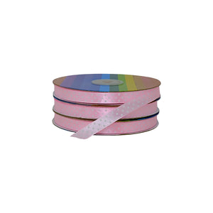 Cinta satinada rosa con puntos blancos, en rollo, atractiva y versátil para complementar empaques, mayoristas.