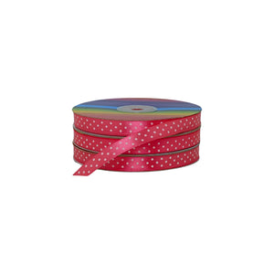 Rollo de cinta coral satinada con puntos blancos, perfecto para empaques, confección y manualidades