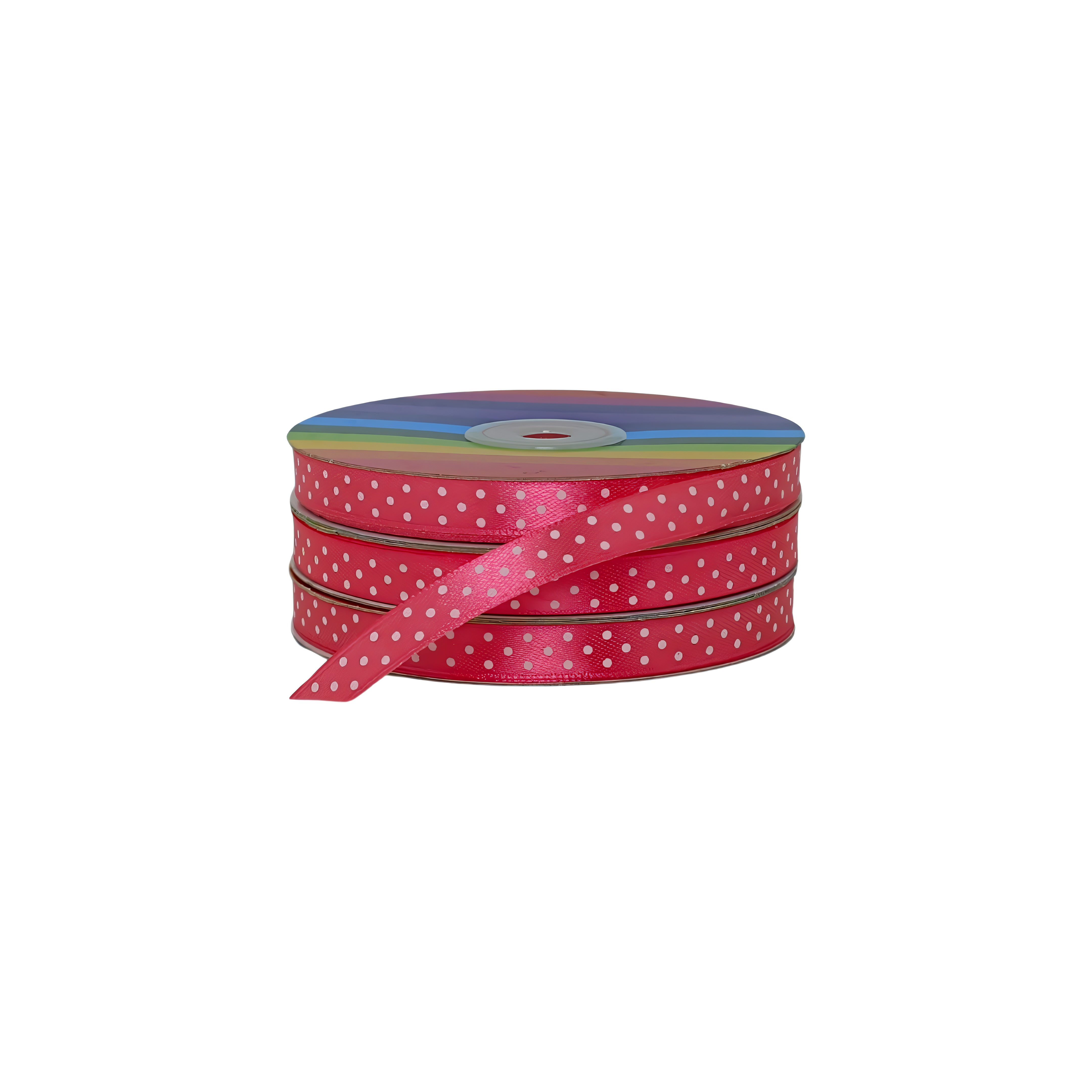Rollo de cinta coral satinada con puntos blancos, perfecto para empaques, confección y manualidades