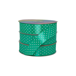 Rollo de cinta satinada verde menta en poliéster con puntos blancos, perfecta para mayoristas.