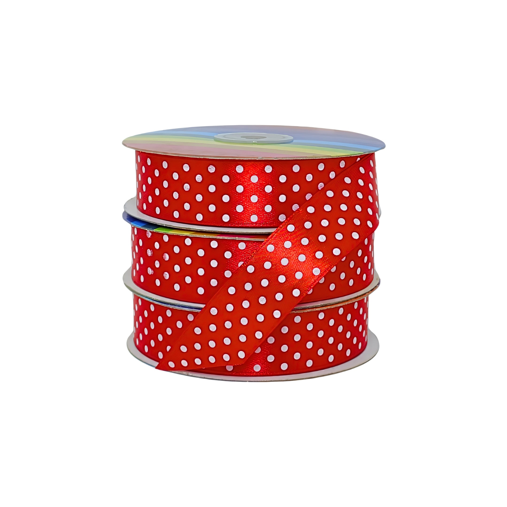 Cintas satín rojas con refinados puntos blancos en rollo, ideal para distribuidores que buscan elegancia y stock.