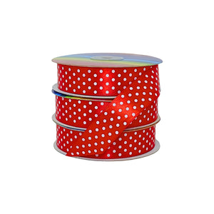 Cintas satín rojas con refinados puntos blancos en rollo, ideal para distribuidores que buscan elegancia y stock.