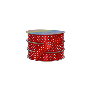 Rollo de cinta satín rojo con puntos blancos, opción elegante para textiles decorativos, al por mayor.