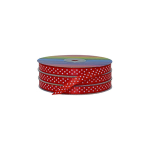 Cinta roja satinada con puntos blancos, ideal para complementar empaques llamativos, surtido mayorista.