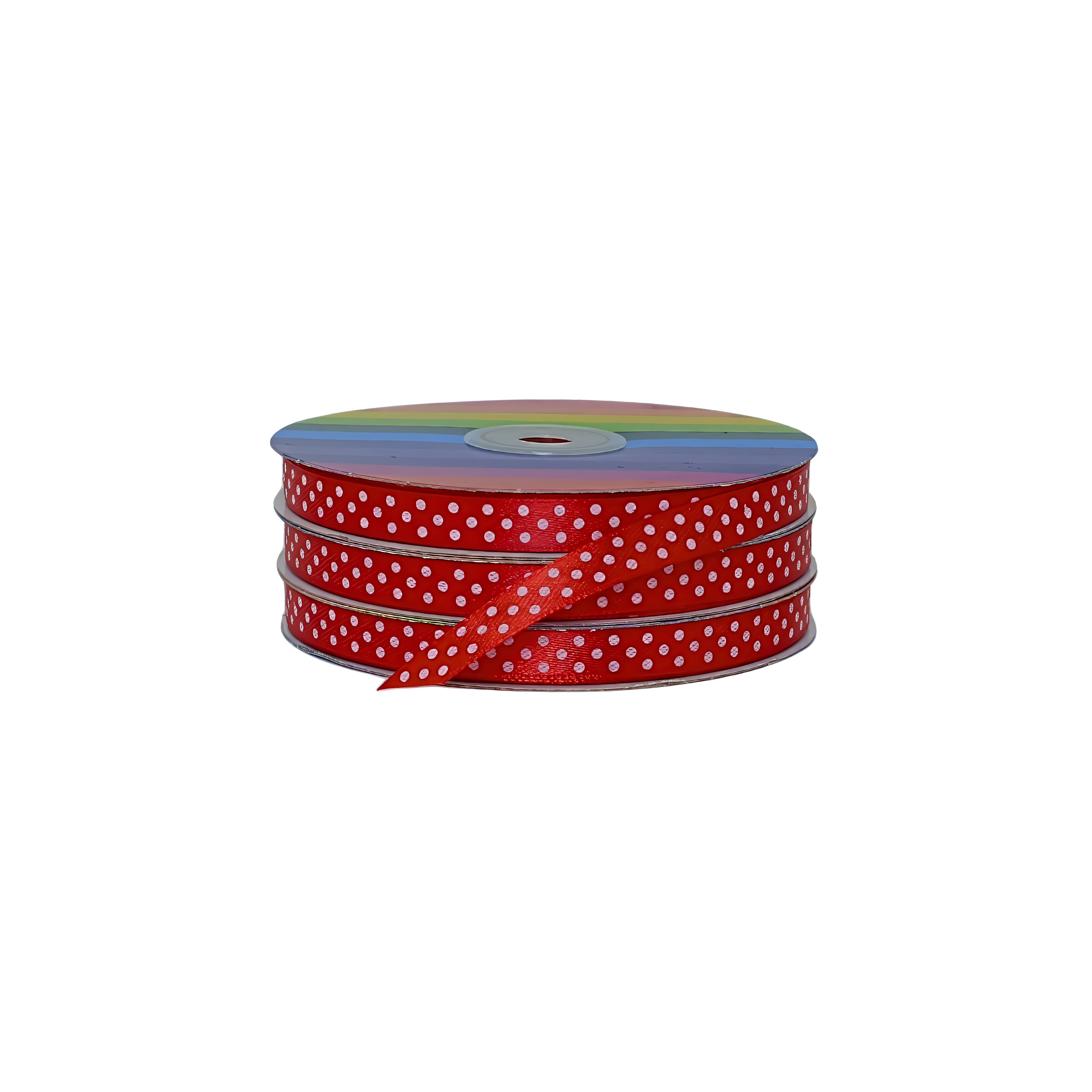 Cinta roja satinada con puntos blancos, ideal para complementar empaques llamativos, surtido mayorista.