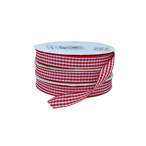 Rollo de cinta vichy a cuadros roja y blanca, ideal para mayoristas y distribuidores que buscan calidad y estilo.