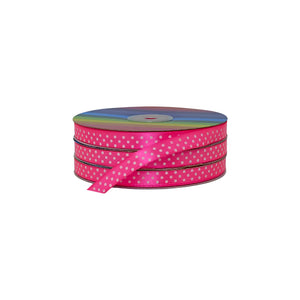 Rollo de cinta satinada fucsia neón con puntos blancos, perfecto para mayoristas, distribuidores y productores.
