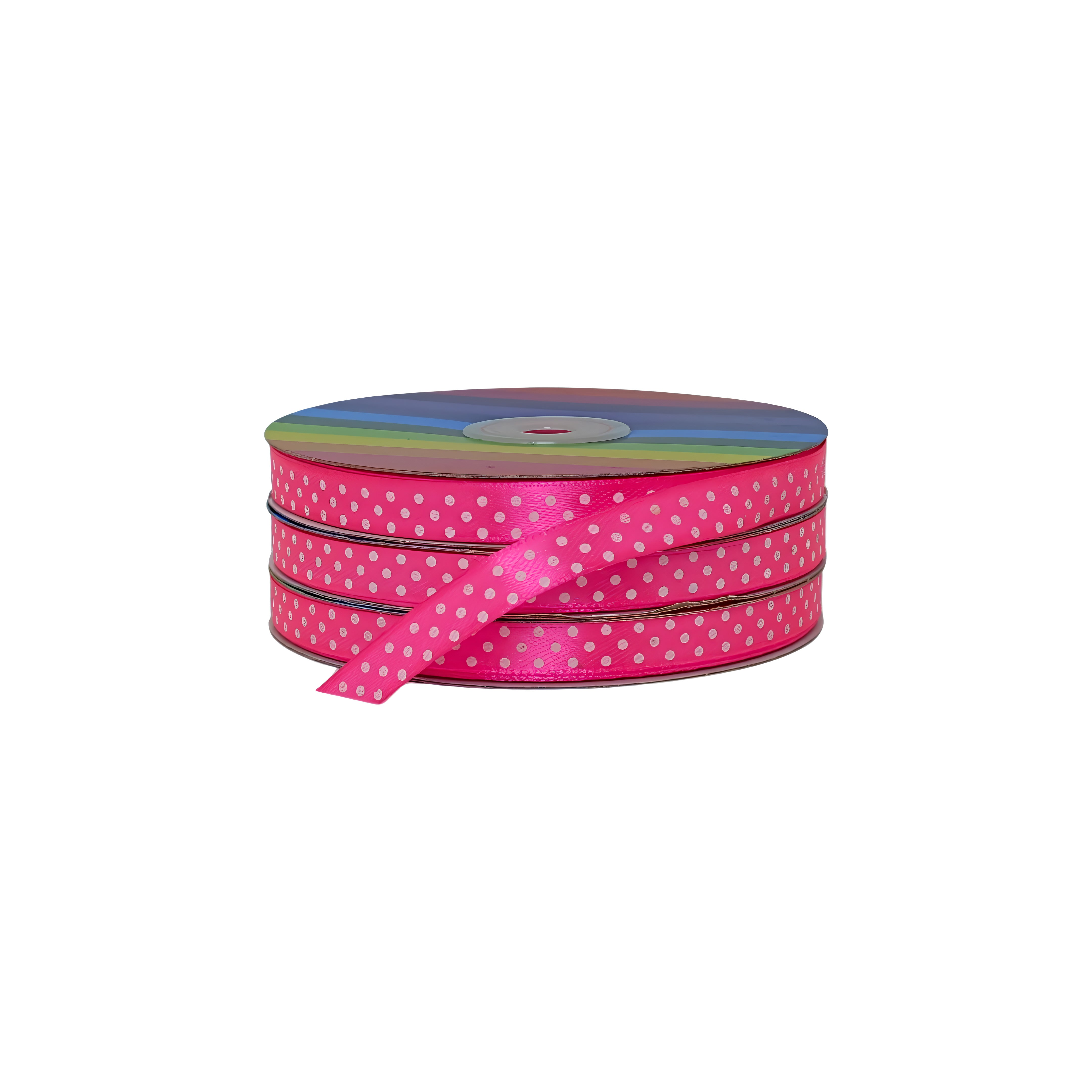 Rollo de cinta satinada fucsia neón con puntos blancos, perfecto para mayoristas, distribuidores y productores.