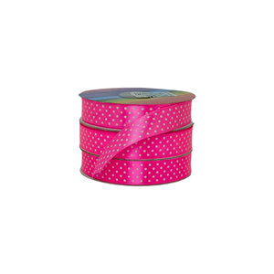 Cinta satín fucsia neón con puntos blancos, ideal para productores y distribuidores que buscan calidad y estilo.
