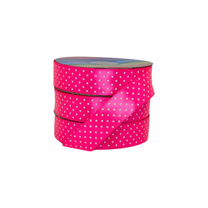 Cinta satinada fucsia neón con puntos blancos, diseño elegante y versátil ideal para proyectos decorativos y manualidades.