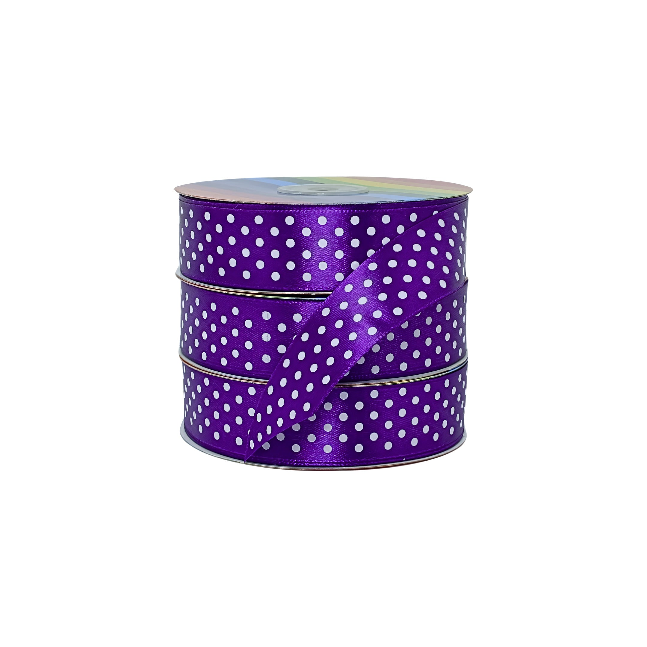 Cinta satinada morada con puntos blancos, ideal para mayoristas en decoración, manualidades y proyectos creativos