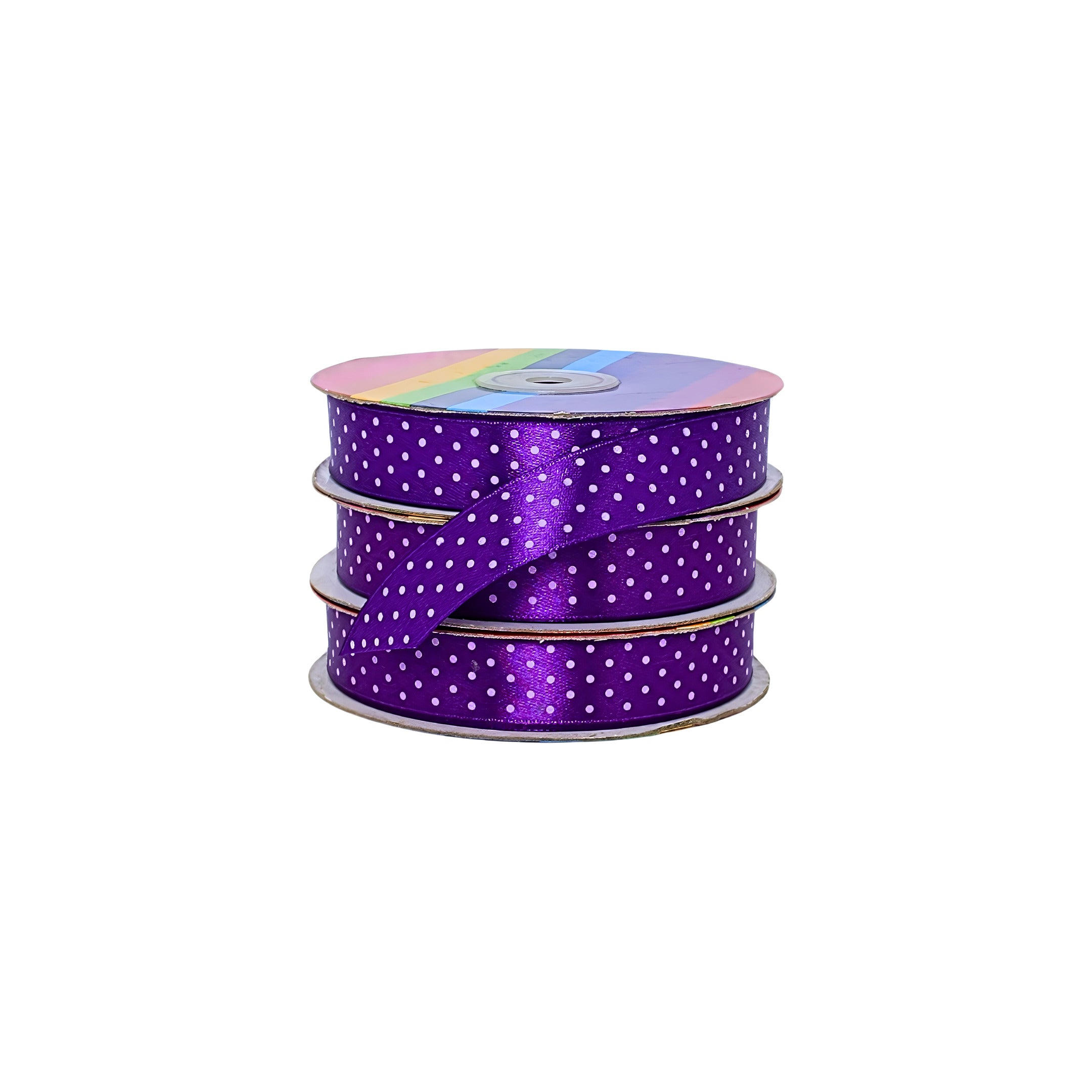 Cinta satinada morada con puntos blancos, rollos listos para manuealidades o proyectos de decoración.
