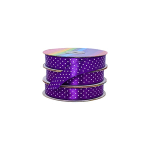 Cinta satinada morada con puntos blancos, rollos listos para manuealidades o proyectos de decoración.