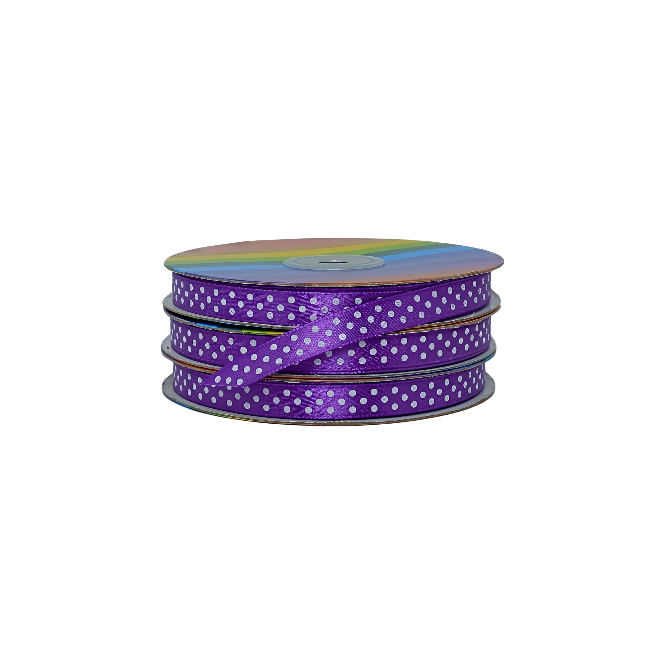Cinta satinada color morado con delicados puntos blancos, ideal para empaques elegantes y detallados.