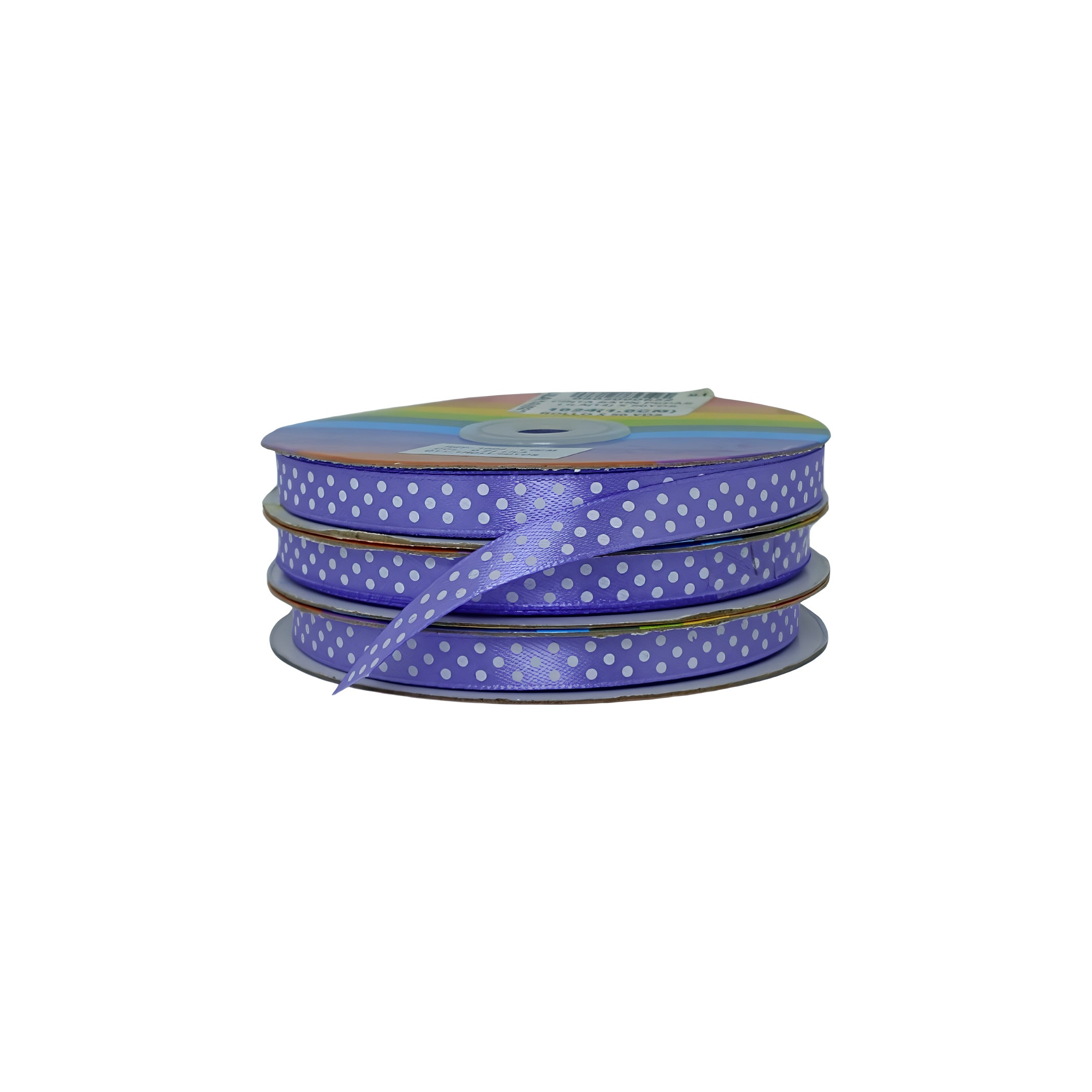 Radiante cinta satinada color lila con puntos blancos, ideal para embellecer empaques y productos.
