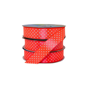 Cinta satín naranja neón con puntos blancos, brillo elegante, ideal para productores, distribuidores y mayoristas.