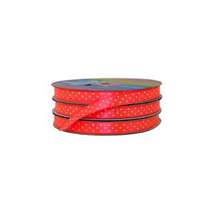 Cinta satín naranja neon con puntos blancos, brillante y elegante, perfecta para envolturas, empaques o presentaciones atractivas.