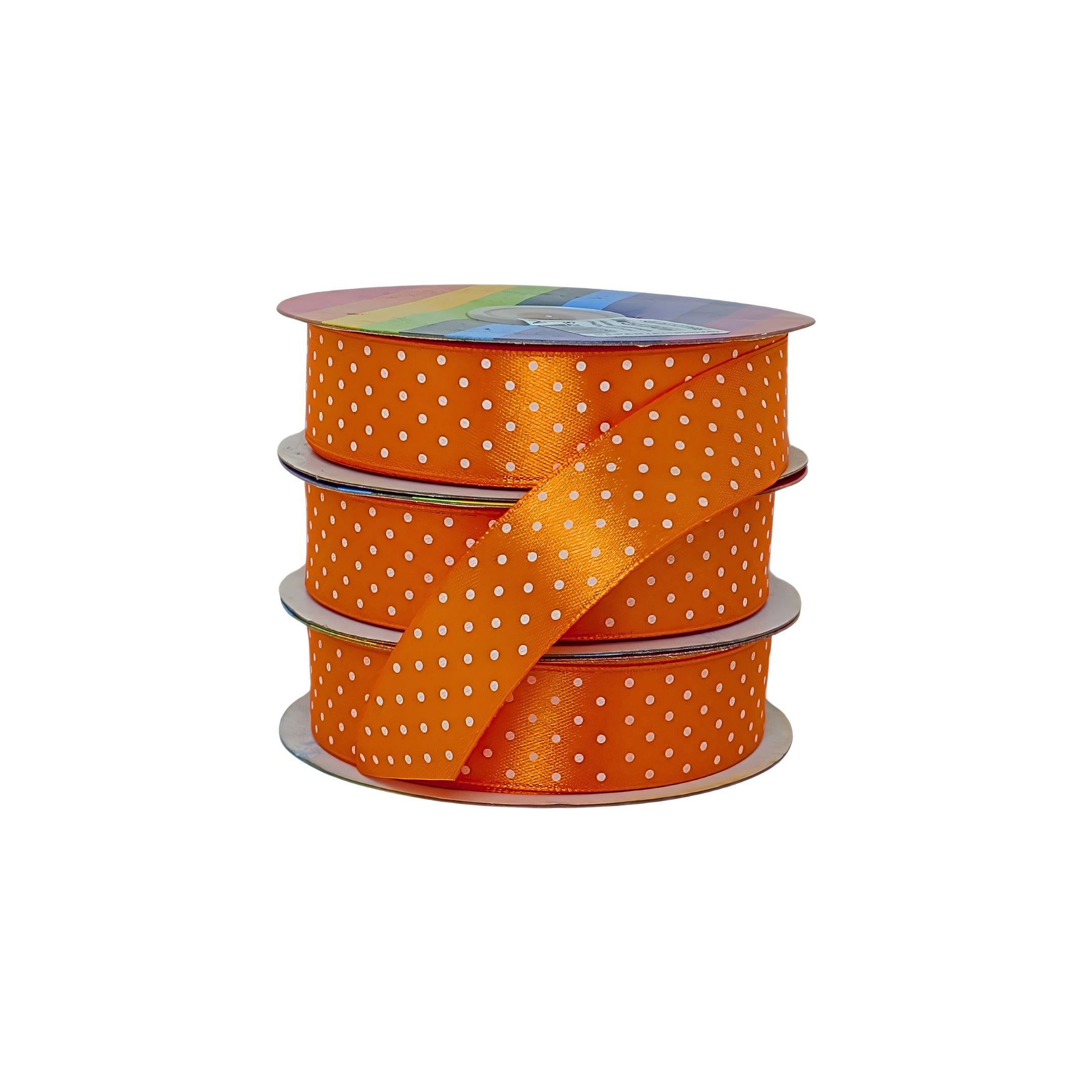 Cinta satinada naranja con puntos blancos, atractiva y versátil para producciones y grandes pedidos.