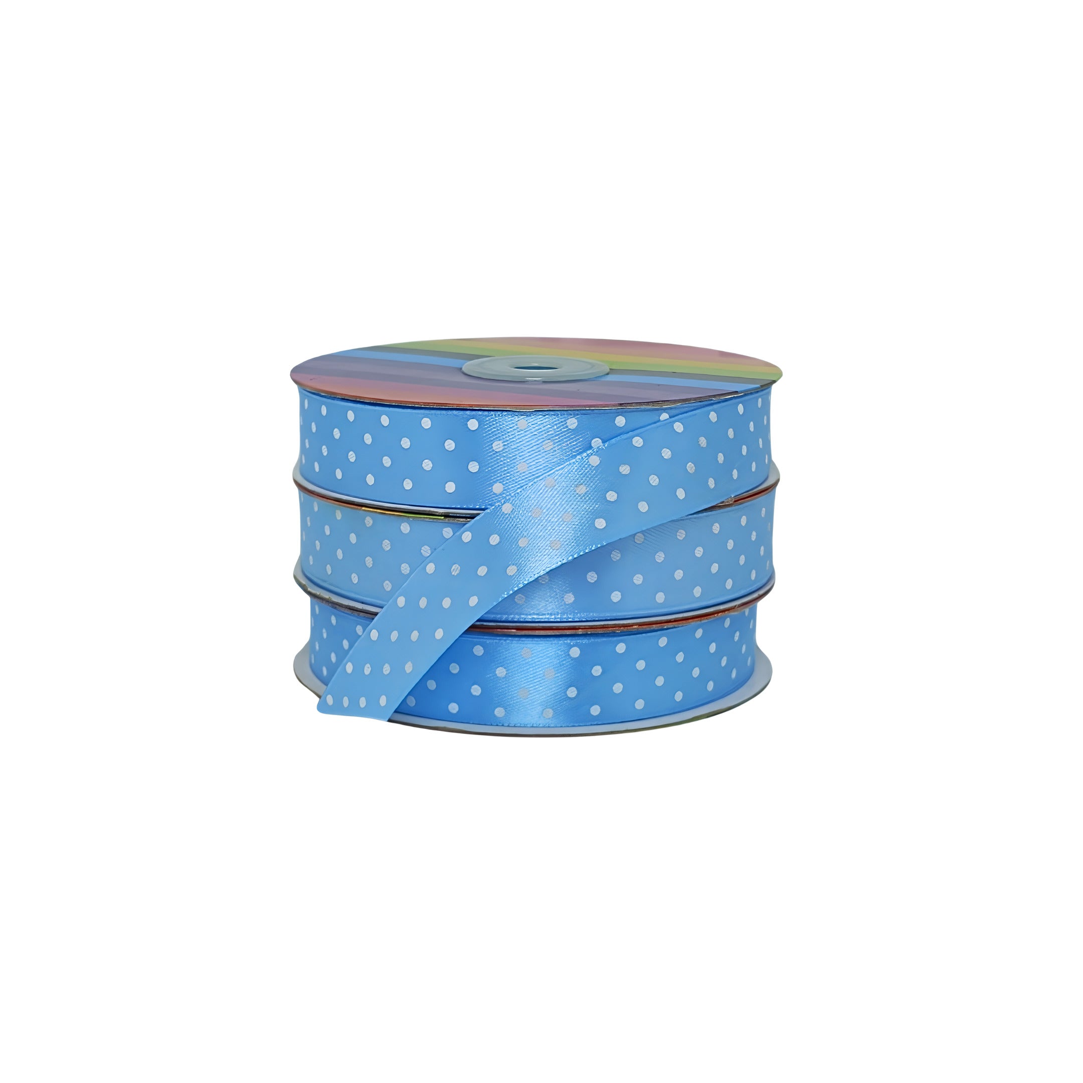 Cinta azul celeste satín con puntos blancos en rollo, perfecta para decoración y producción masiva.