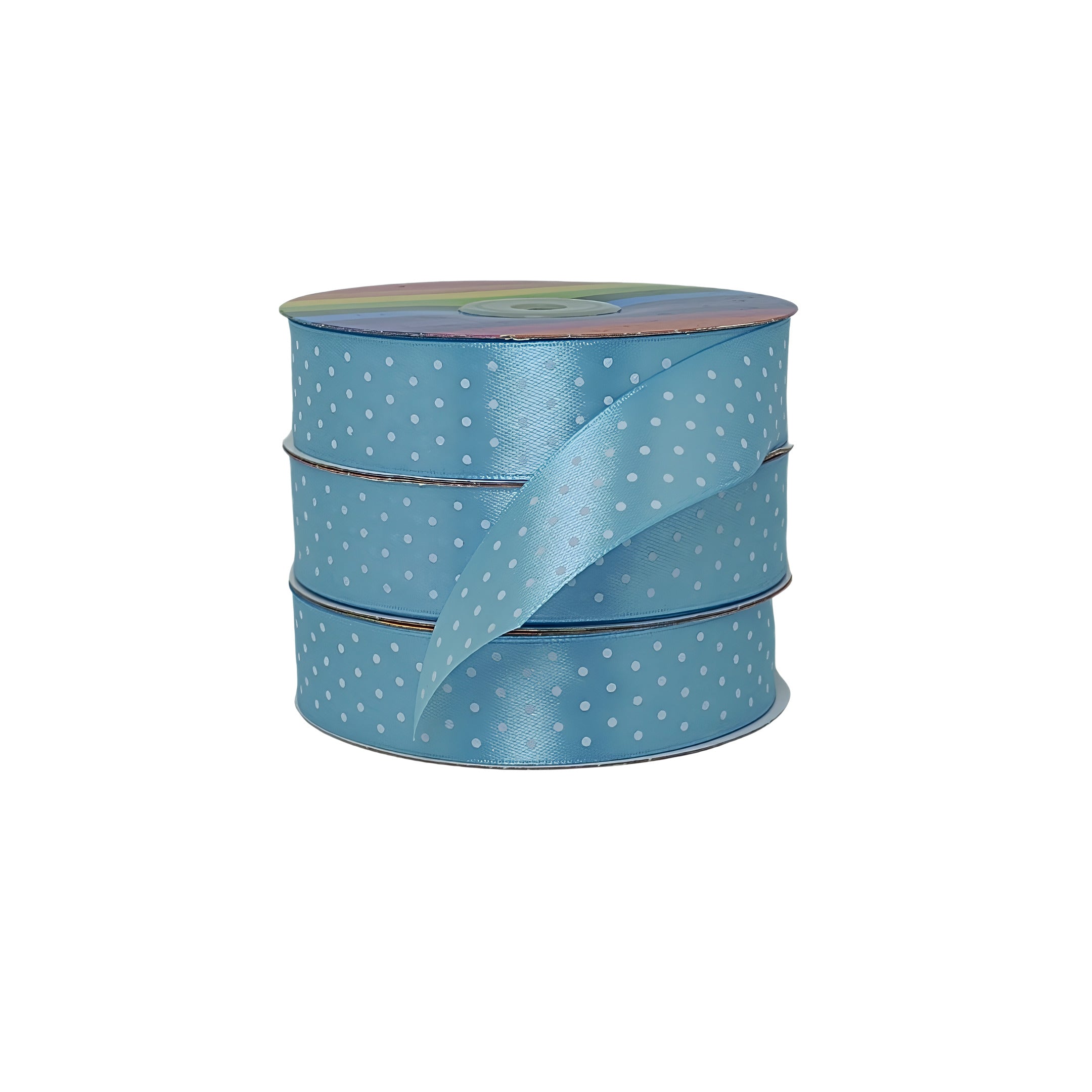 Rollo de cinta celeste con elegantes puntos blancos, ideal para personalización y distribución a gran escala.