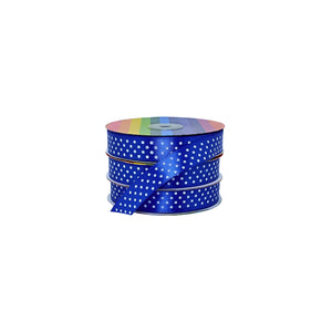 Cinta satín azul con puntos blancos, en rollo vistoso, ideal para complementar empaques, decoraciones y proyectos mayoristas