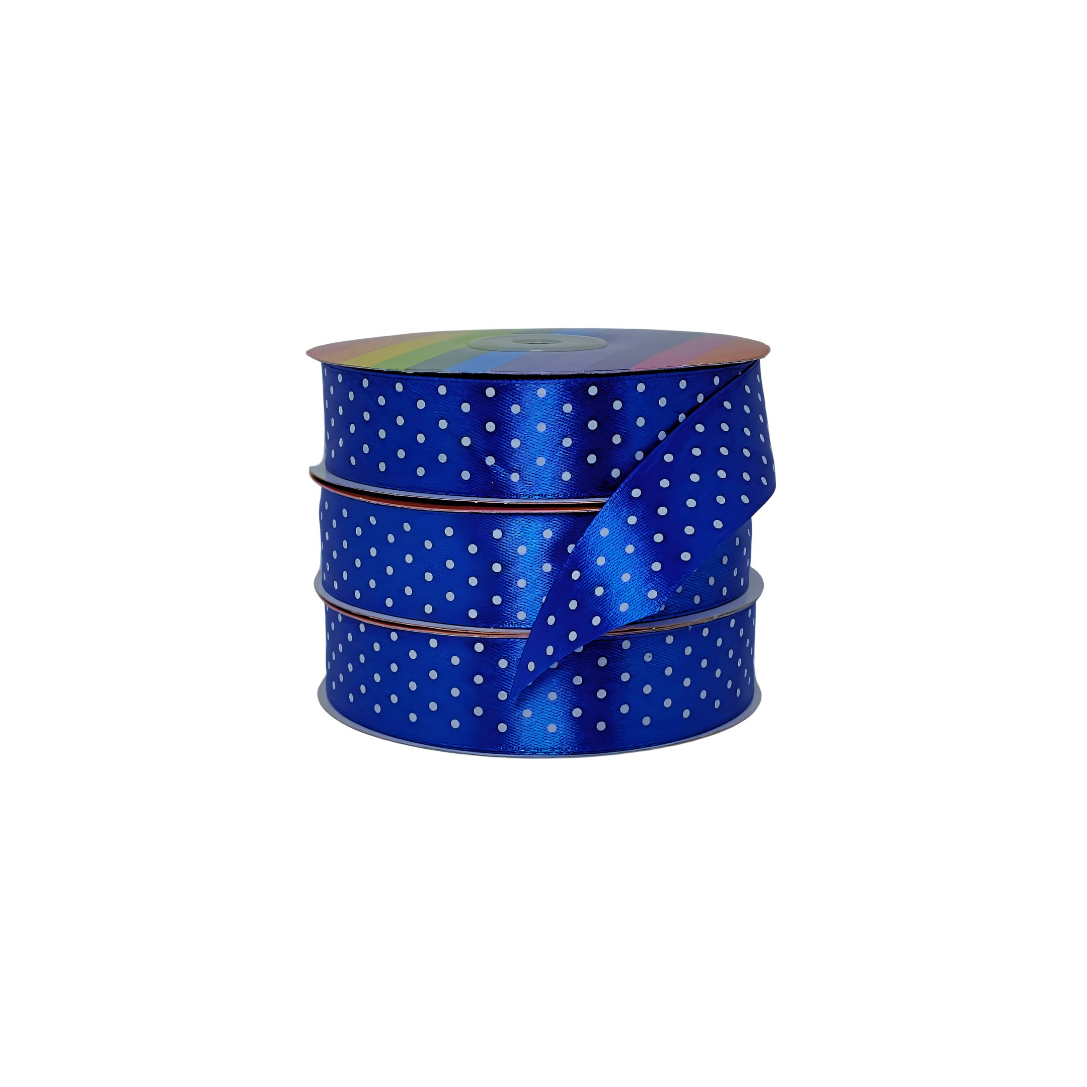Cinta satinada azul rey con puntos blancos vibrante y elegante, ideal para fabricantes y distribuidores de insumos decorativos.