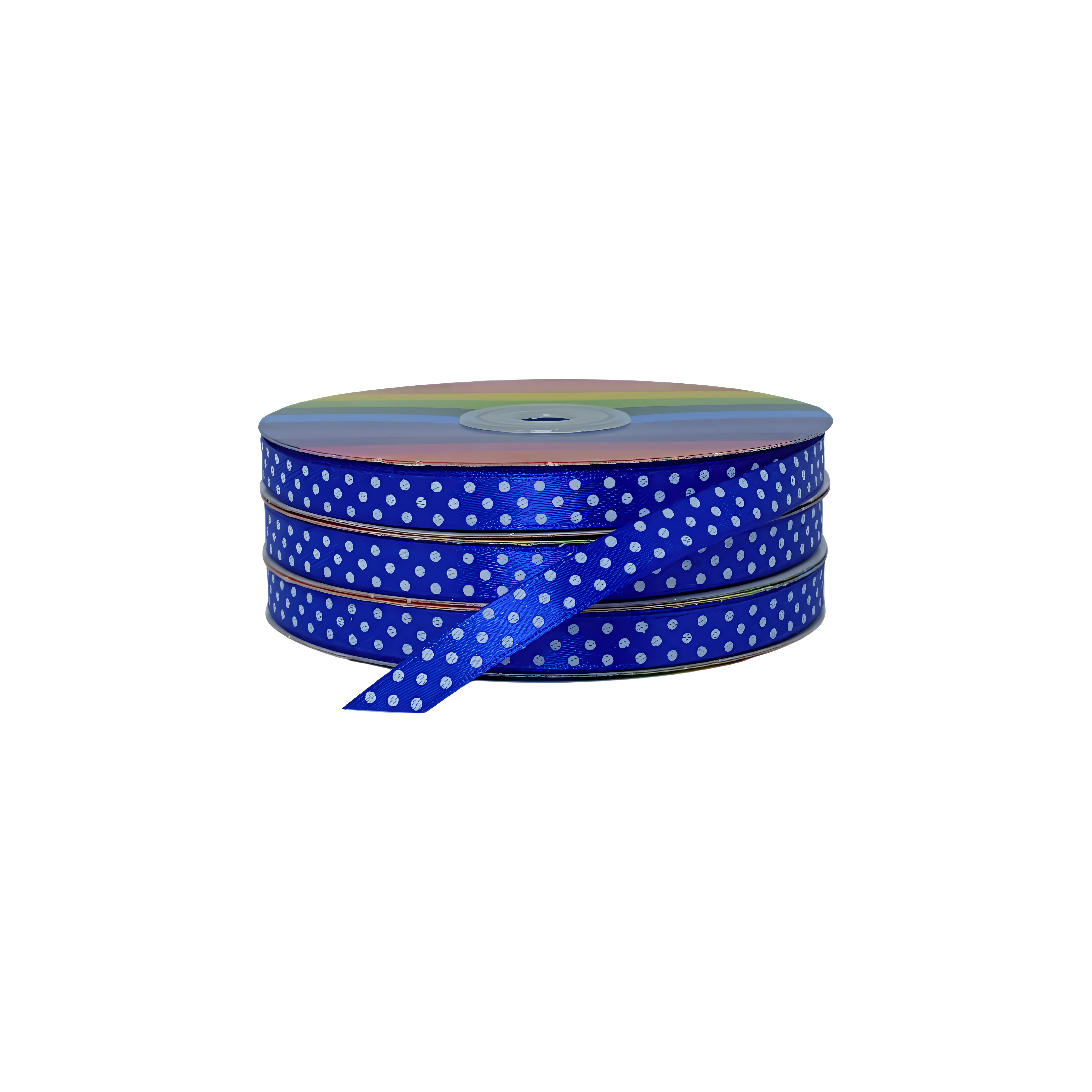 Rollo de cinta decorativa azul con puntos blancos, ideal para productores, distribuidores y mayoristas.