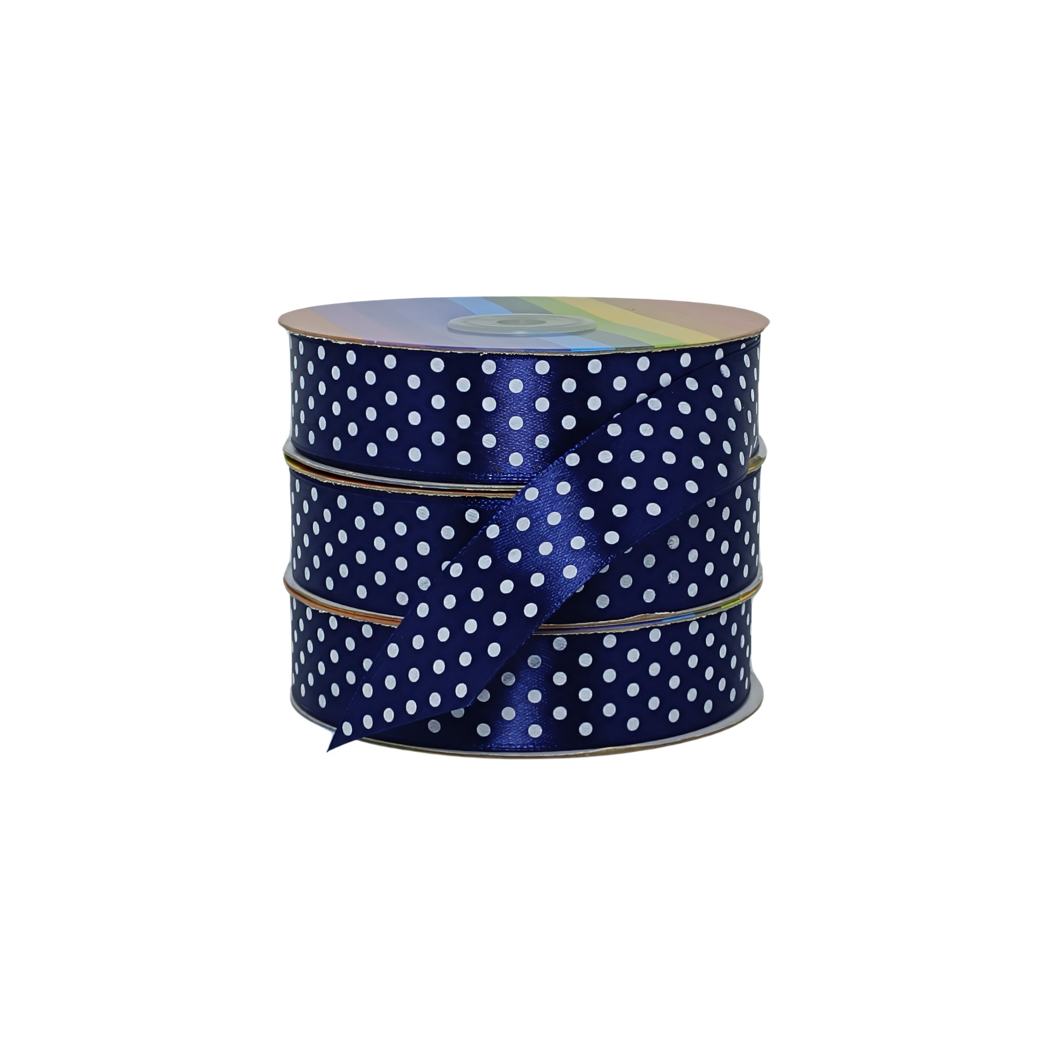 Elegante cinta satinada azul oscuro con puntos blancos, ideal para proveedores mayoristas innovadores.