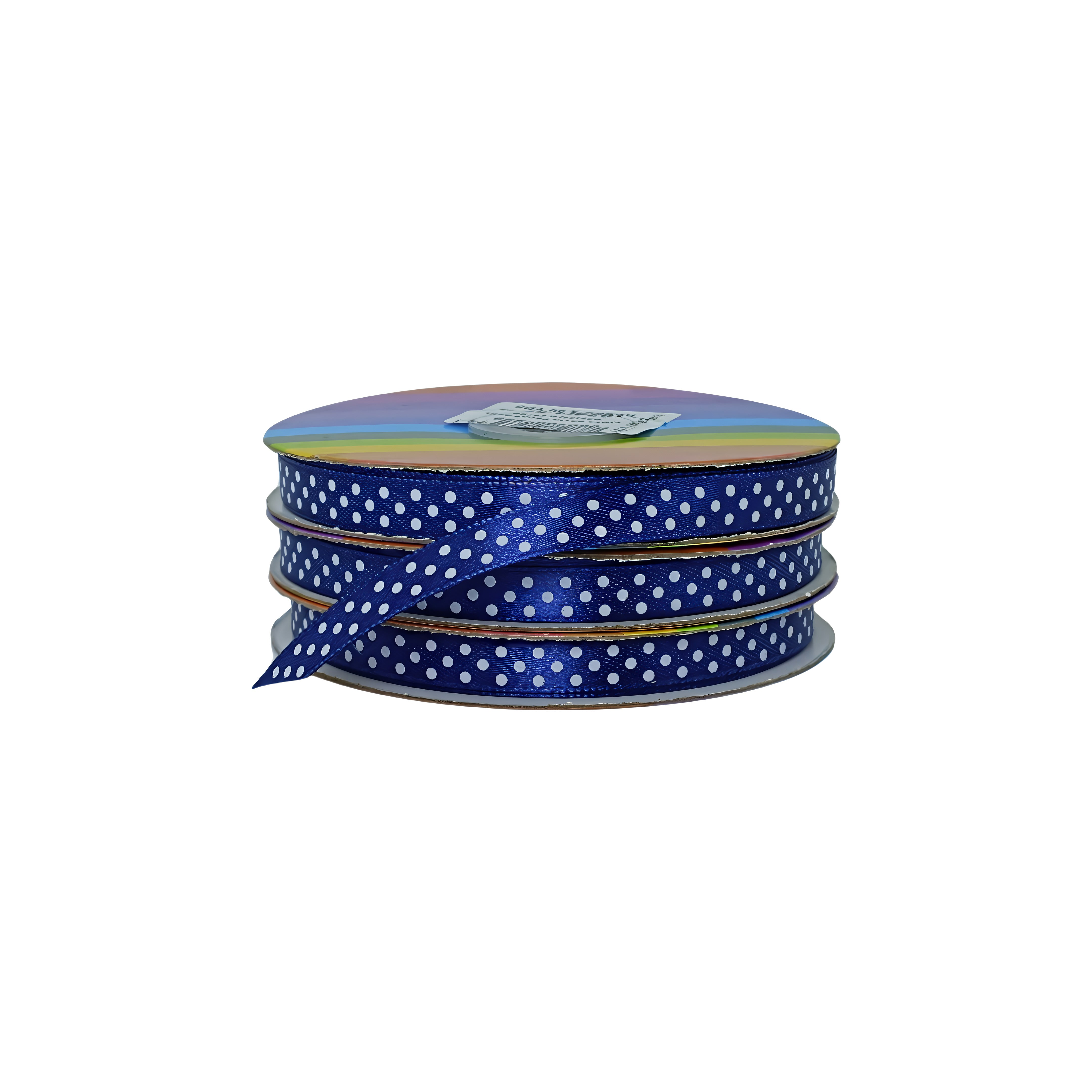 Cinta en rollo azul con puntos blancos, ideal para regalos o decoración al por mayor.