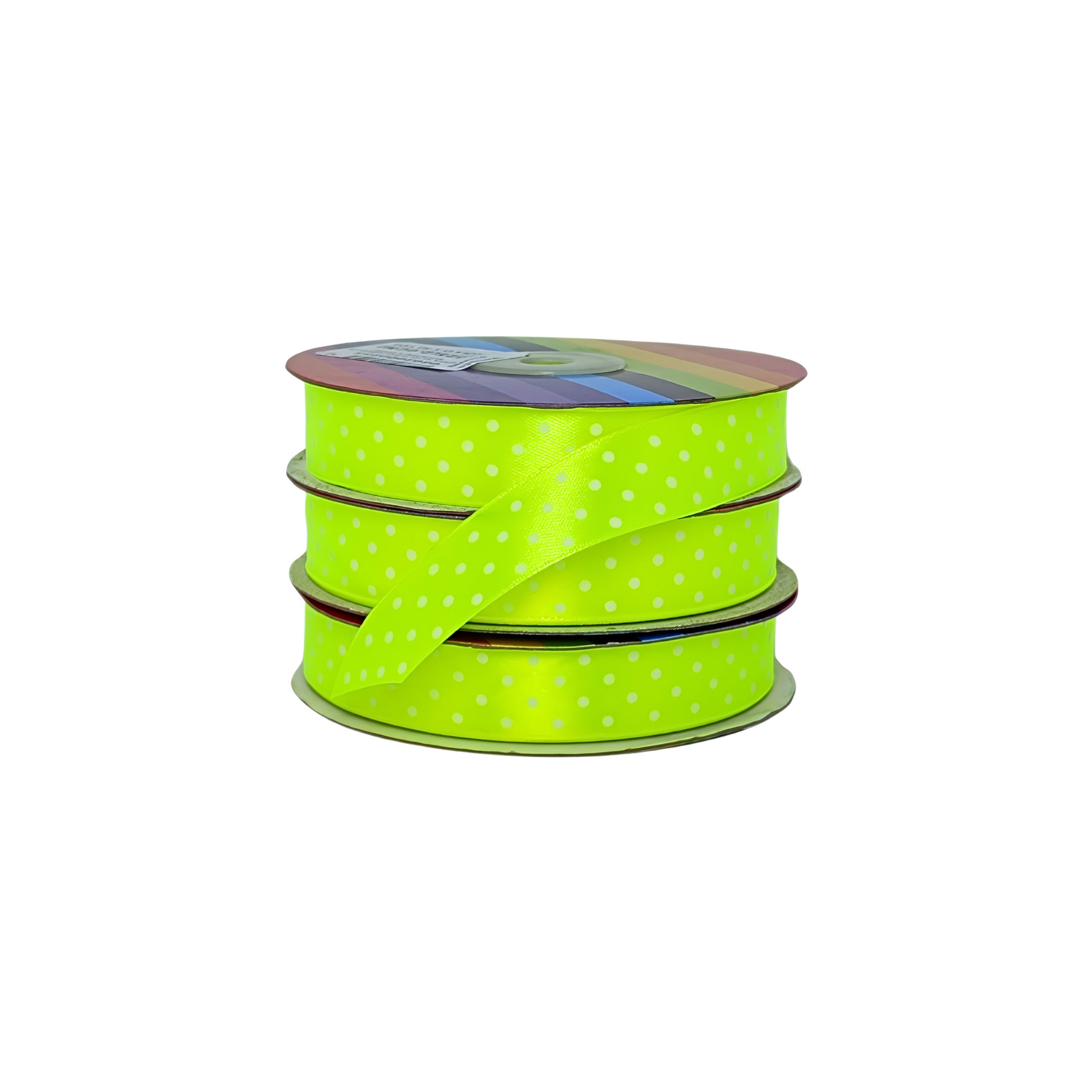 Cinta satín amarillo neon con puntos blancos, en carrete, ideal para decoración y empaque mayorista.