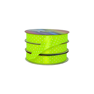 Cinta satín amarillo neon con puntos blancos, en carrete, ideal para decoración y empaque mayorista.